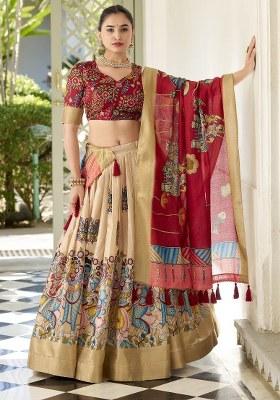 Cream Printed Silk Lehenga Set With Dupatta