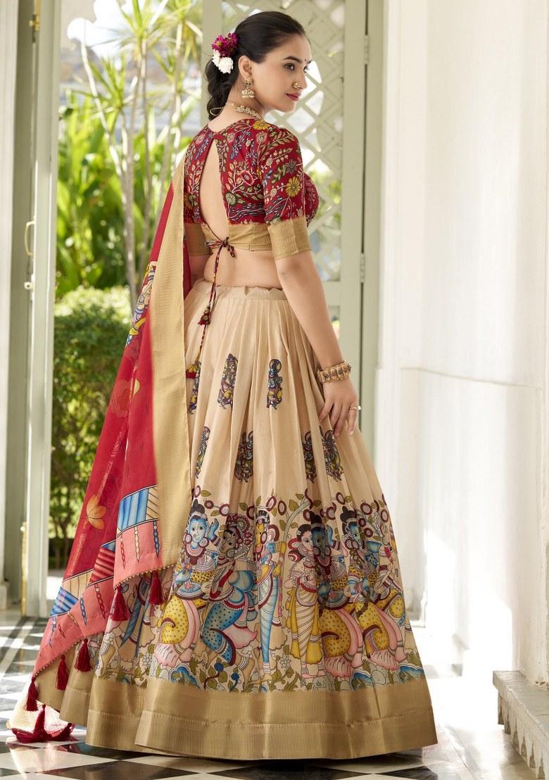 Cream Printed Silk Lehenga Set With Dupatta