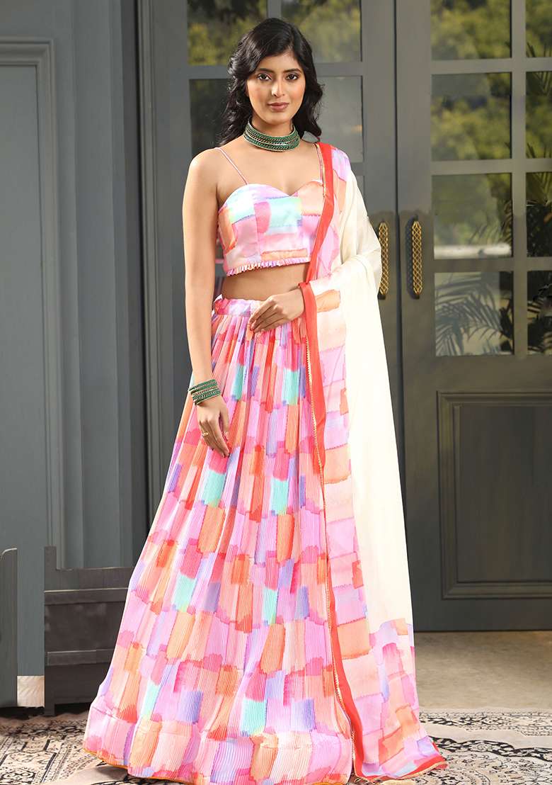 Multicolor Digital Print Satin Silk Lehenga Set - Indya