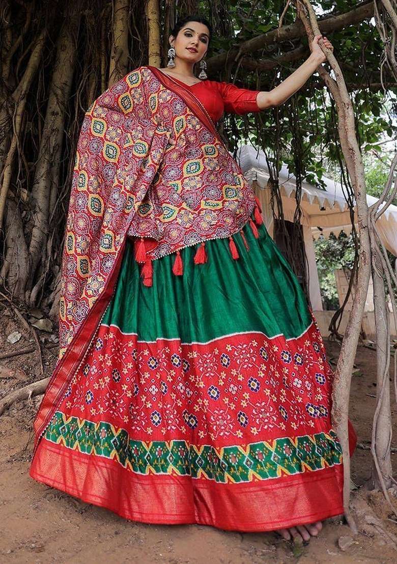Green Printed Silk Lehenga Set With Dupatta - Indya