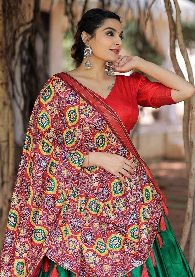 Green Printed Silk Lehenga Set With Dupatta