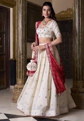 Off White Printed Silk Lehenga Set With Dupatta