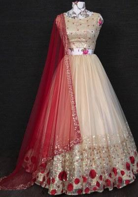 Cream Embroidered Net Lehenga Set With Dupatta