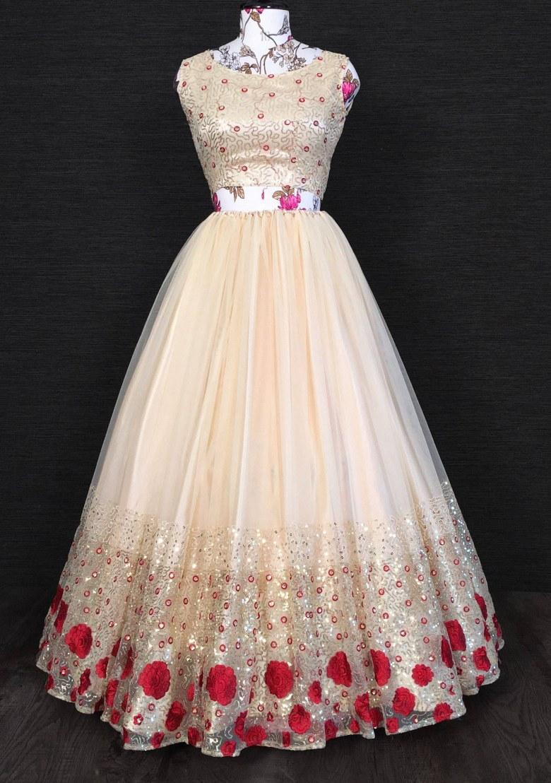 Cream Embroidered Net Lehenga Set With Dupatta