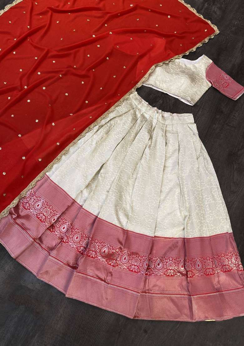 Cream Embroidered Art Silk Lehenga Set With Dupatta - Indya