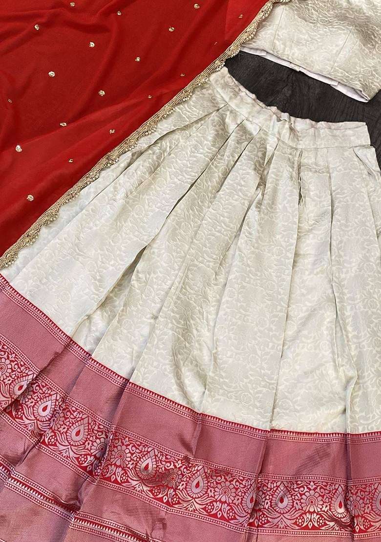 Cream Embroidered Art Silk Lehenga Set With Dupatta - Indya