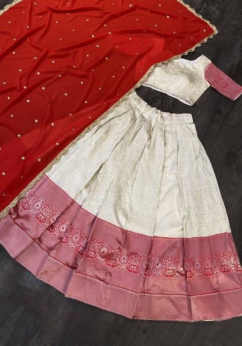 Cream Embroidered Art Silk Lehenga Set With Dupatta