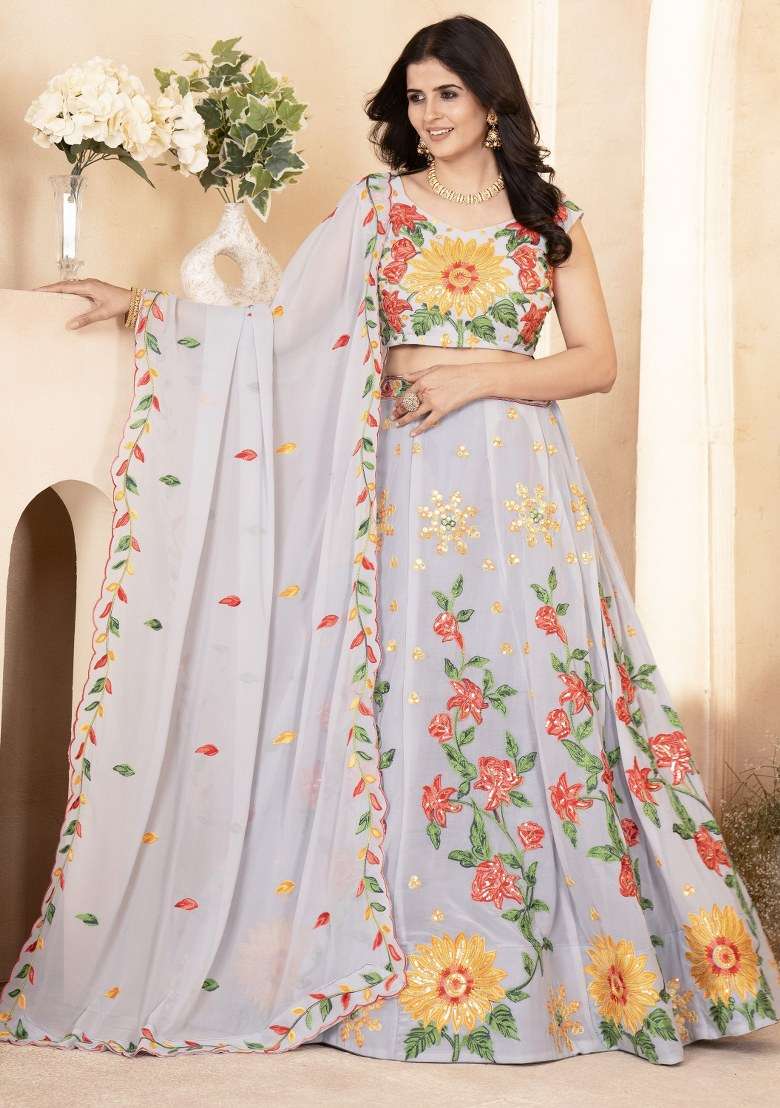 Grey Embroidered Georgette Lehenga Set With Dupatta for Diwali and Festive Wear - Indya