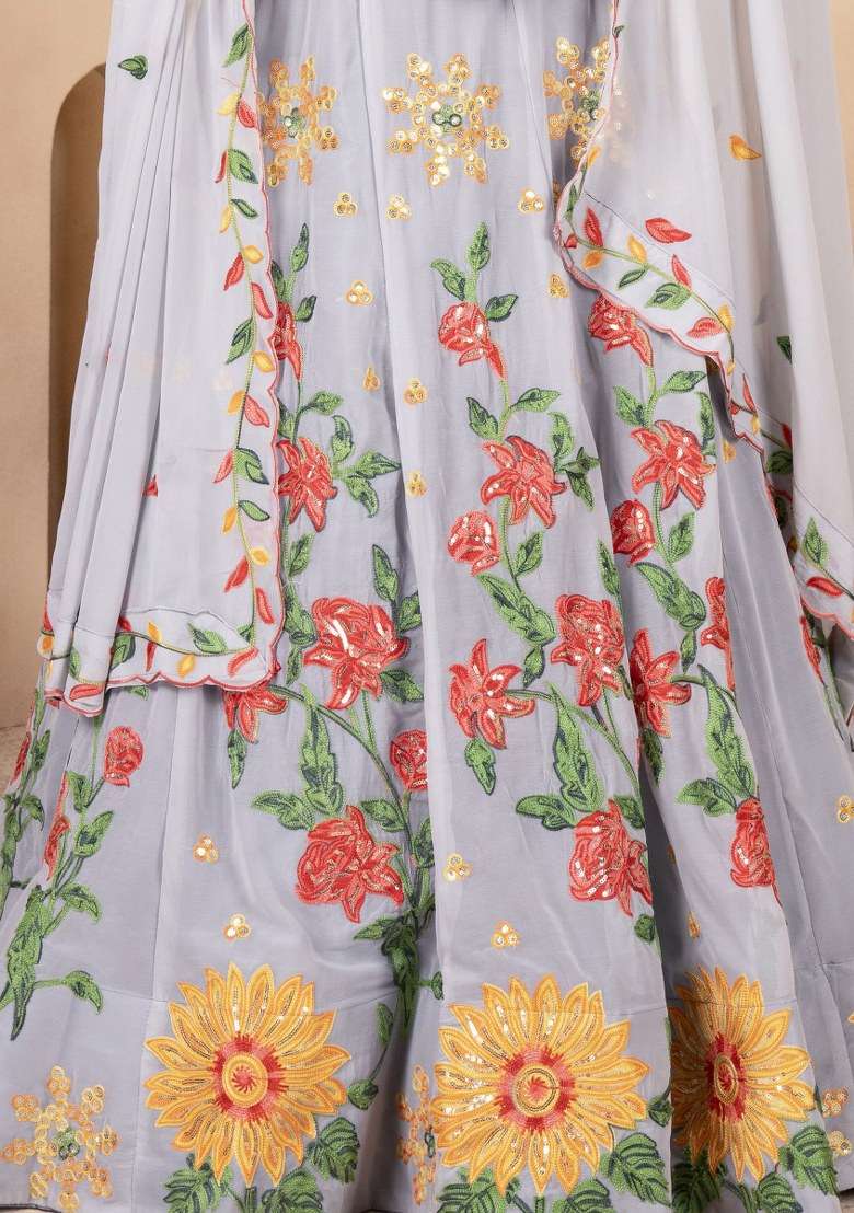 Grey Embroidered Georgette Lehenga Set With Dupatta for Diwali and Festive Wear - Indya