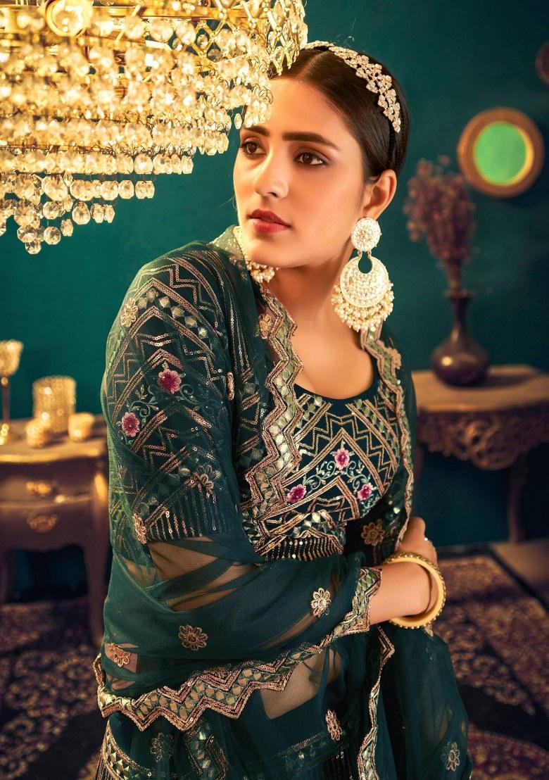 Green Embroidered Georgette Lehenga Set With Dupatta