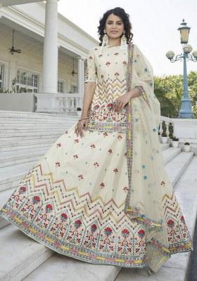 Beige Embroidered Chiffon Lehenga Set With Dupatta