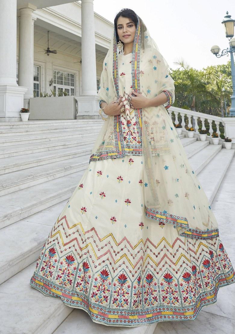 Beige Embroidered Chiffon Lehenga Set With Dupatta