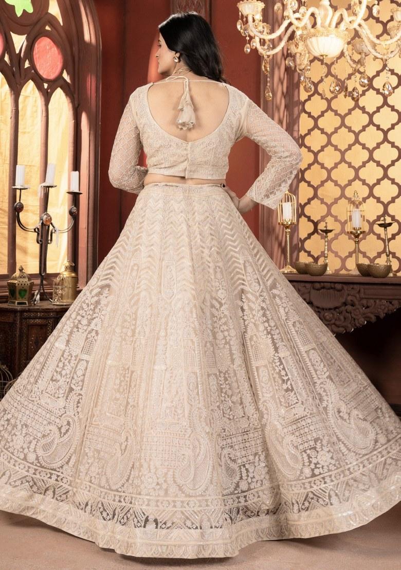 Beige Embroidered Net Lehenga Set With Dupatta