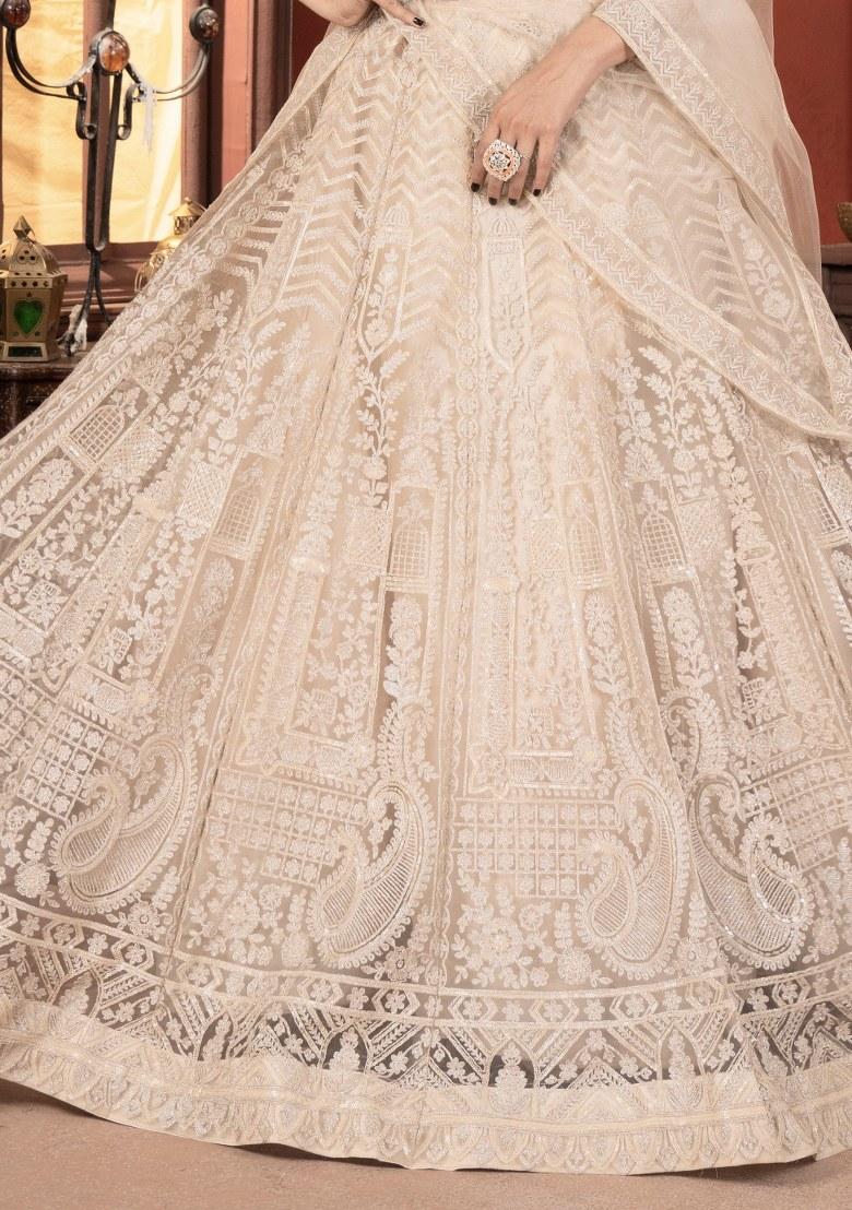 Beige Embroidered Net Lehenga Set With Dupatta