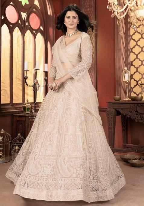 Beige Embroidered Net Lehenga Set With Dupatta — view on Indya