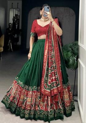 Green Printed Silk Lehenga Set With Dupatta
