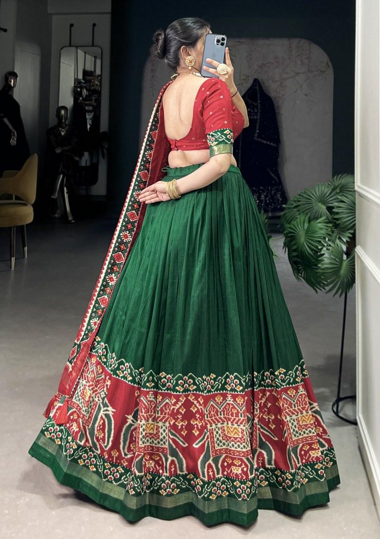 Green Printed Silk Lehenga Set With Dupatta