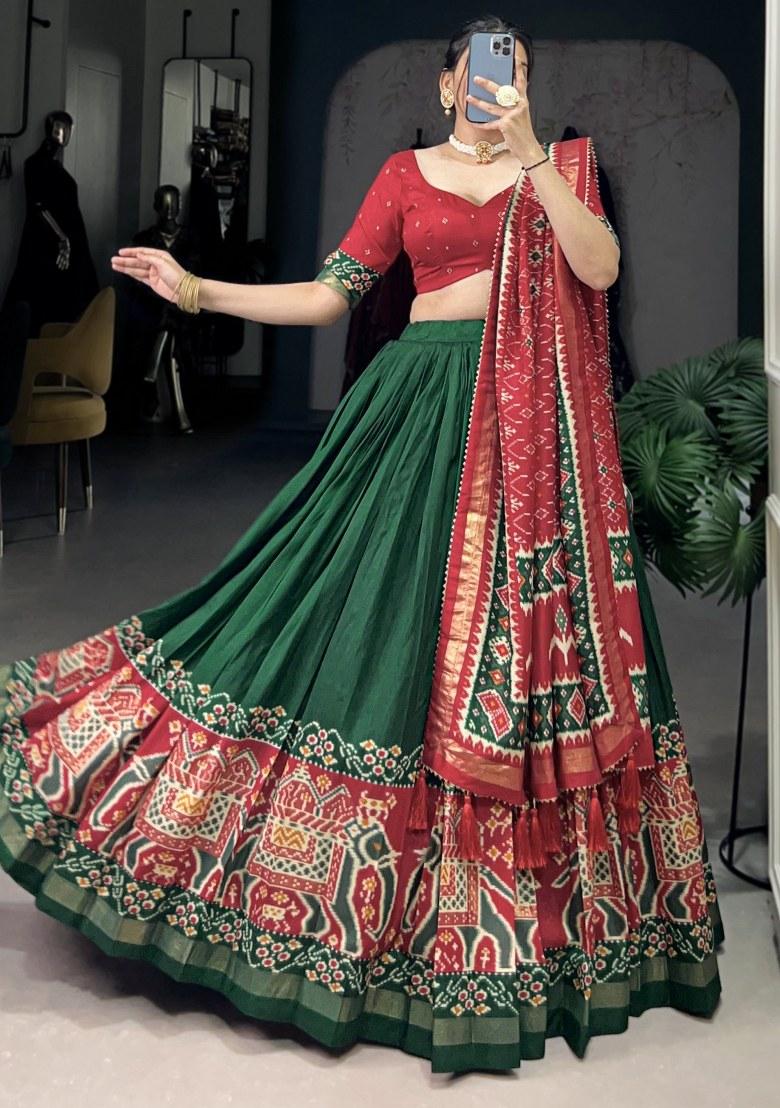 Green Printed Silk Lehenga Set With Dupatta