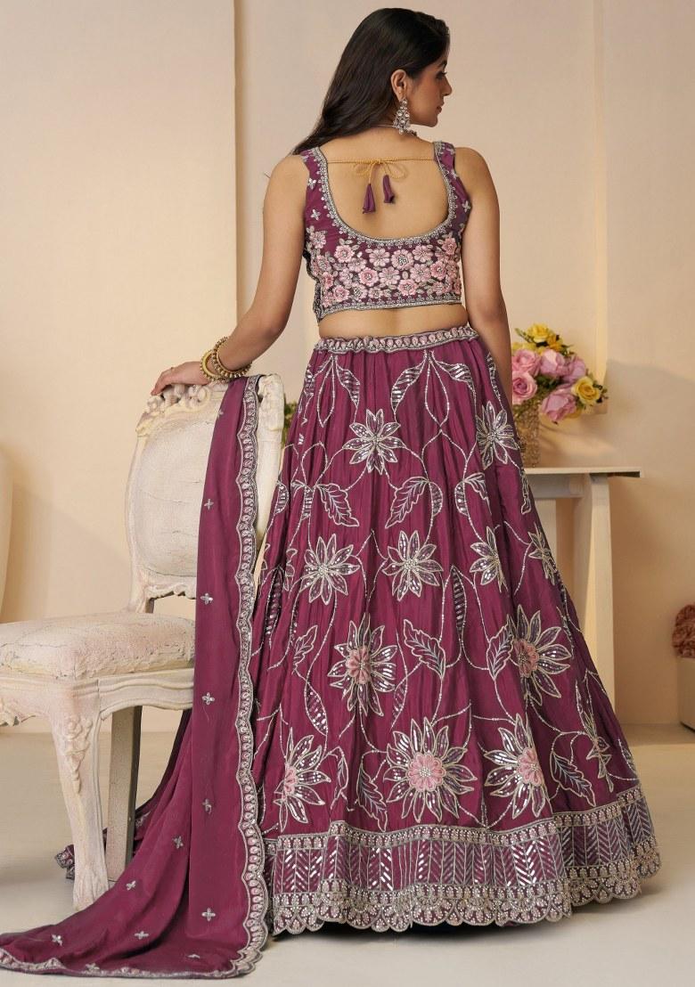 Maroon Embroidered Satin Lehenga Set With Dupatta