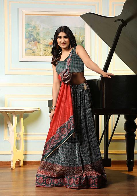 Green Digital Print Satin Silk Lehenga Set