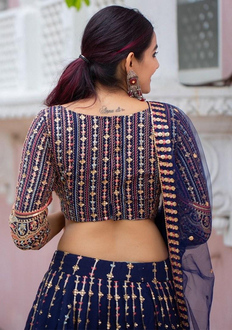 Blue Embroidered Georgette Lehenga Set With Dupatta