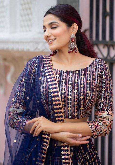 Blue Embroidered Georgette Lehenga Set With Dupatta