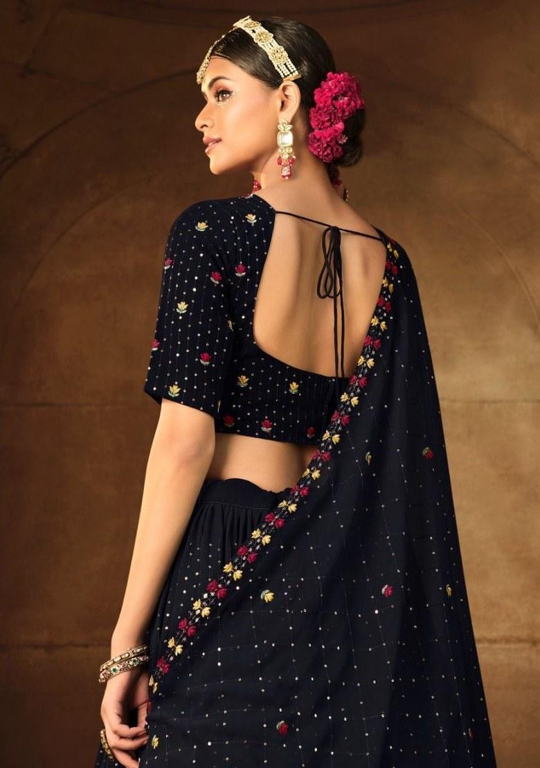 Navy Blue Embroidered Georgette Lehenga Set With Dupatta