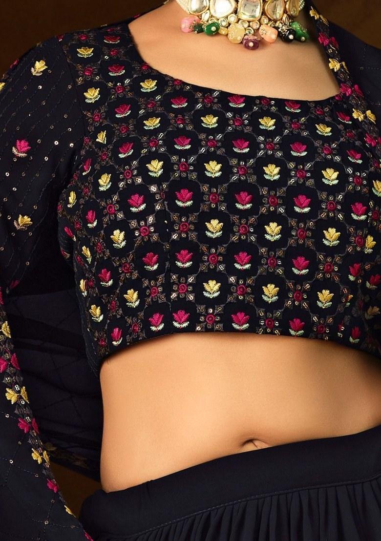 Navy Blue Embroidered Georgette Lehenga Set With Dupatta