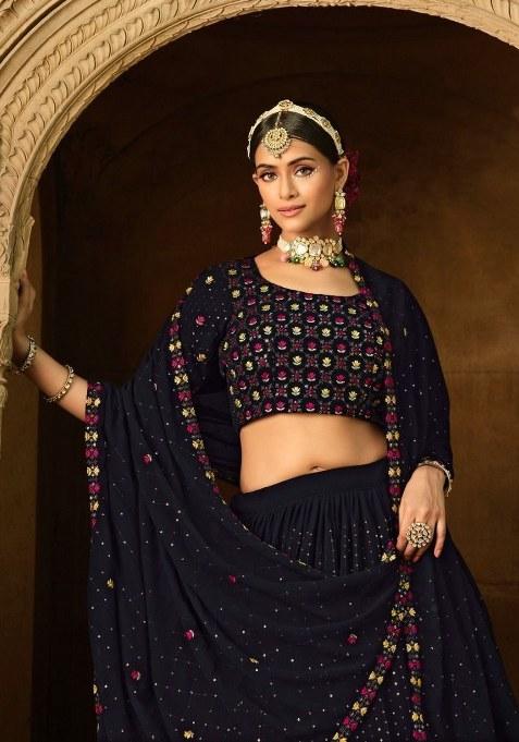 Navy Blue Embroidered Georgette Lehenga Set With Dupatta
