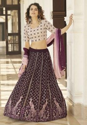 Purple Embroidered Georgette Lehenga Set With Dupatta