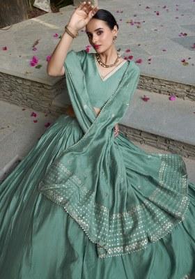 Green Embroidered Chanderi Lehenga Set With Dupatta