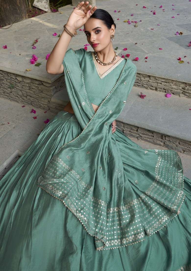 Green Embroidered Chanderi Lehenga Set With Dupatta for Diwali and Festive Wear - Indya