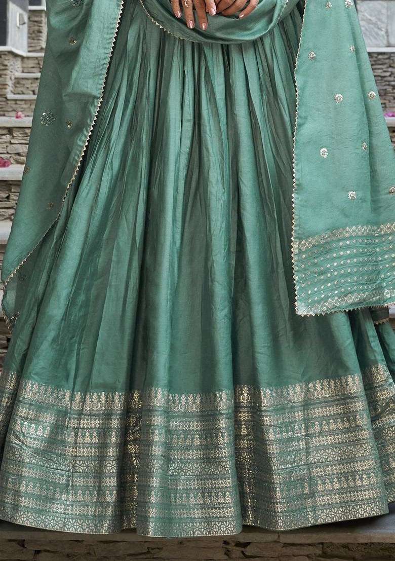 Green Embroidered Chanderi Lehenga Set With Dupatta for Diwali and Festive Wear - Indya