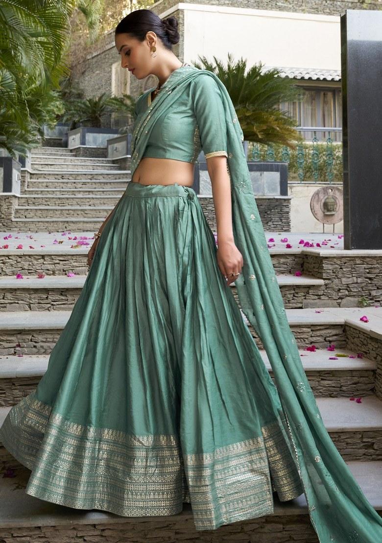 Green Embroidered Chanderi Lehenga Set With Dupatta