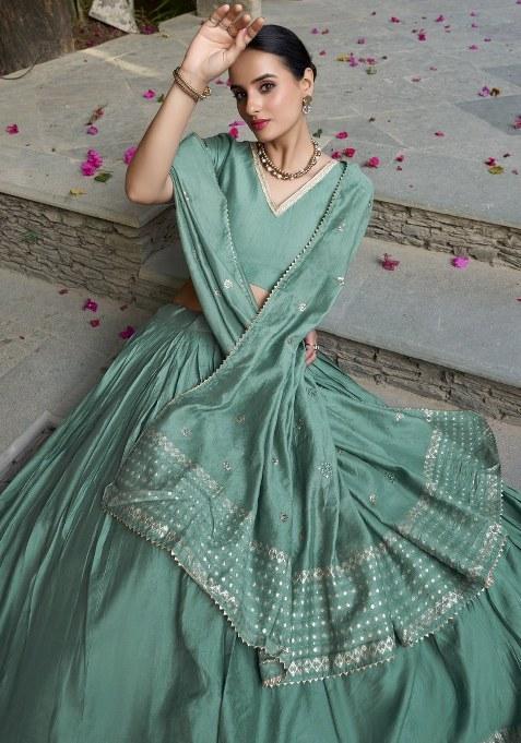 Green Embroidered Chanderi Lehenga Set With Dupatta