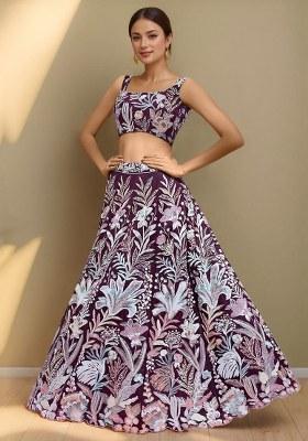 Purple Embroidered Net Lehenga Set With Dupatta