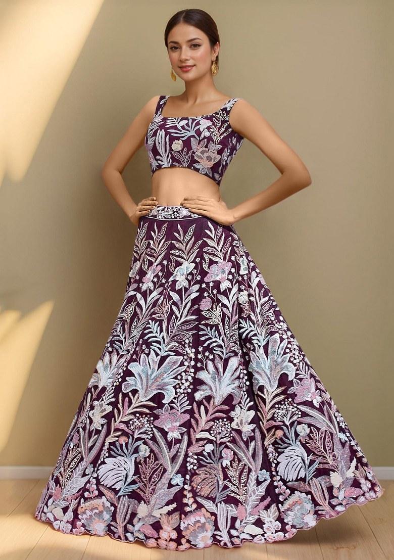 Purple Embroidered Net Lehenga Set With Dupatta