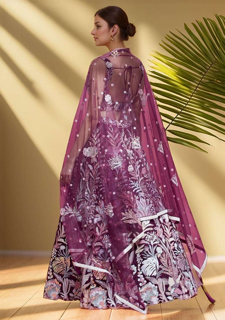 Purple Embroidered Net Lehenga Set With Dupatta for Diwali and Festive Wear - Indya