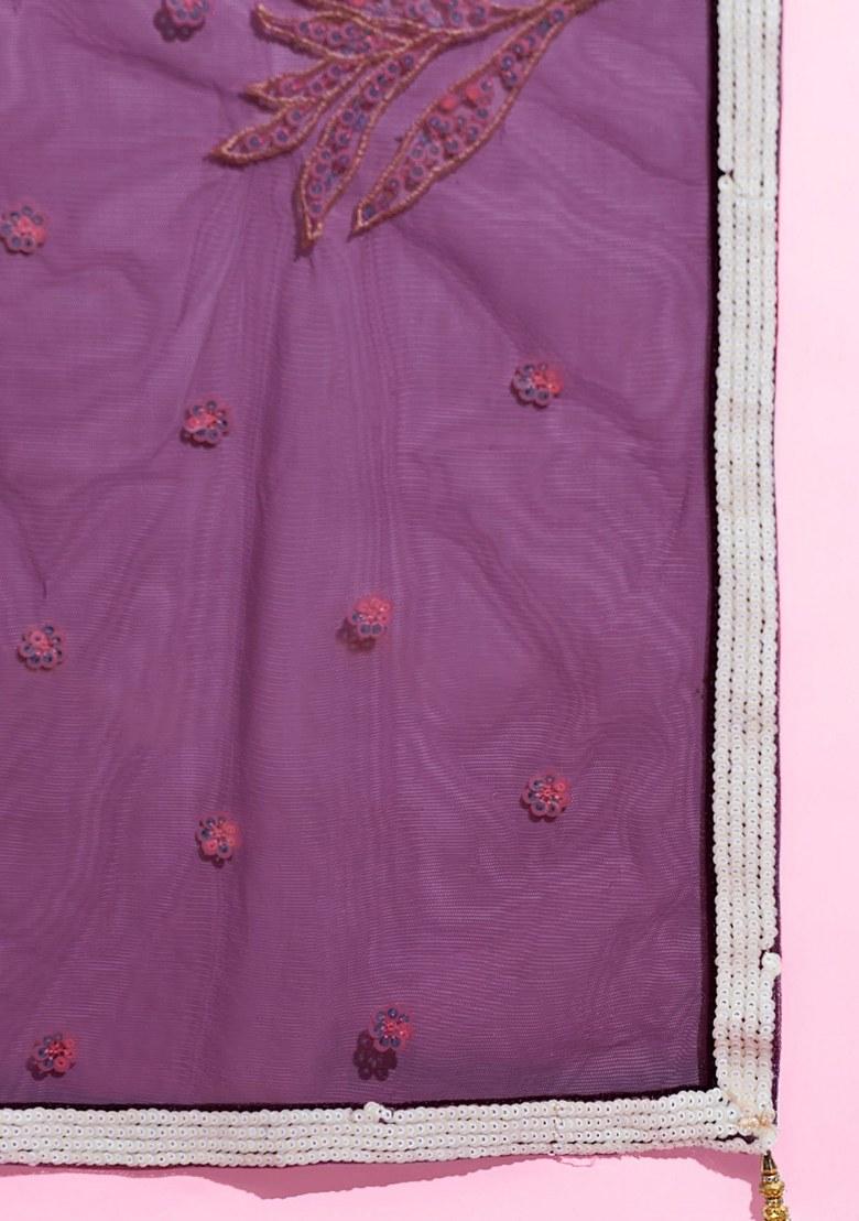 Purple Embroidered Net Lehenga Set With Dupatta