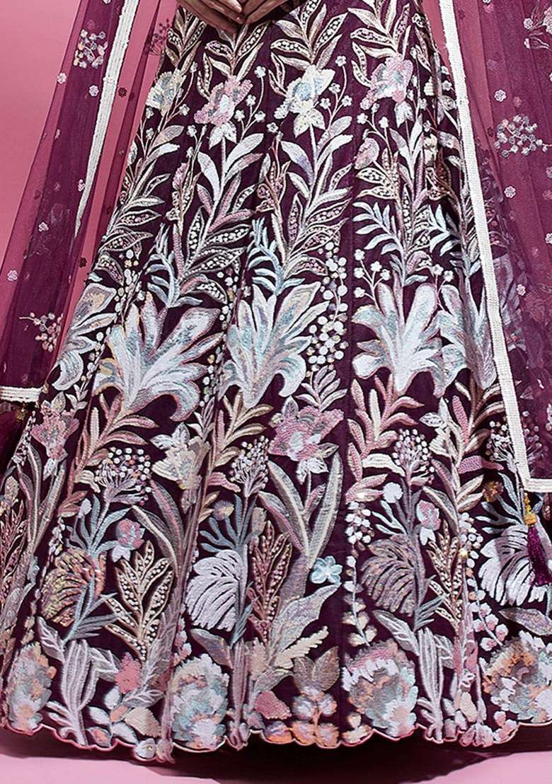 Purple Embroidered Net Lehenga Set With Dupatta for Diwali and Festive Wear - Indya