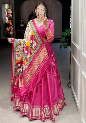 Pink Printed Silk Lehenga Set With Dupatta