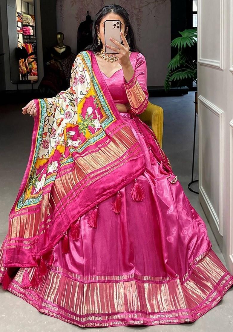 Pink Printed Silk Lehenga Set With Dupatta