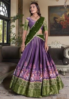 Purple Printed Silk Lehenga Set With Dupatta