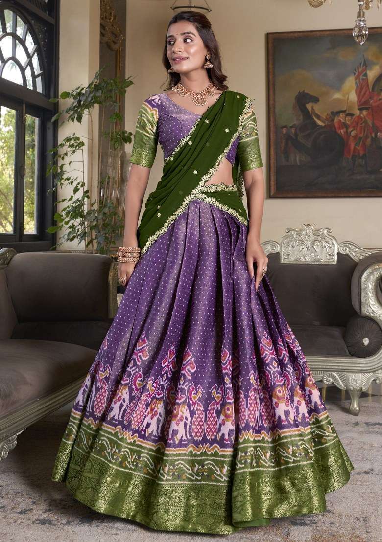 Purple Printed Silk Lehenga Set With Dupatta - Indya