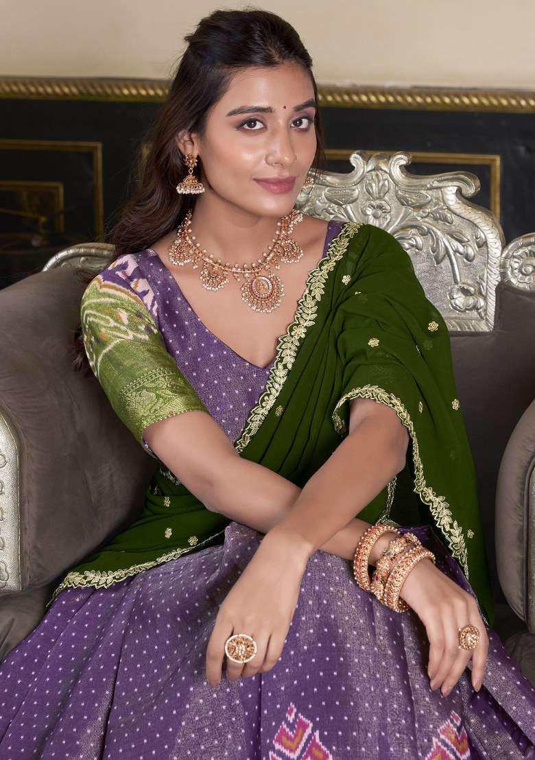 Purple Printed Silk Lehenga Set With Dupatta - Indya