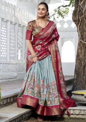 Green Printed Silk Lehenga Set With Dupatta