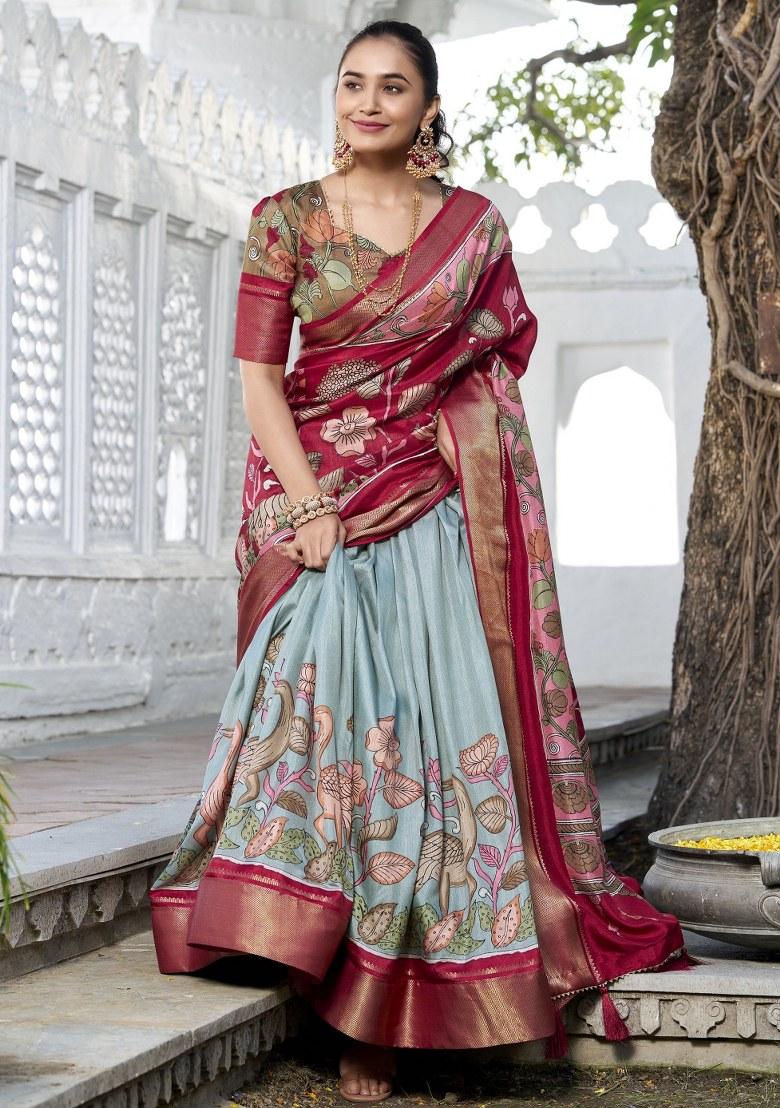 Green Printed Silk Lehenga Set With Dupatta