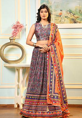 Multicolor Digital Print Satin Silk Lehenga Set