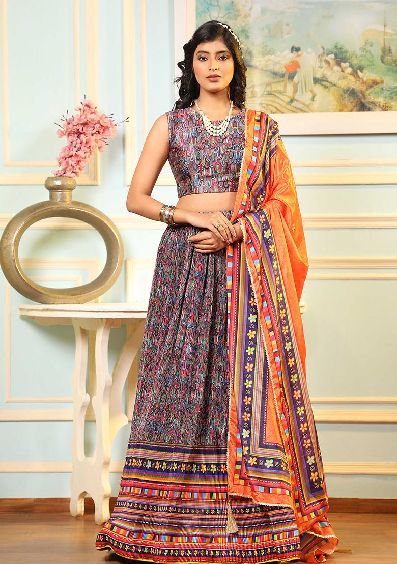Multicolor Digital Print Satin Silk Lehenga Set