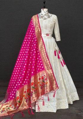 White Embroidered Georgette Lehenga Set With Dupatta